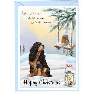 Cartão de Natal para Cachorro Cavalier King Charles Spaniel (Preto e Castanho) (15 cm x 10 cm), em branco por dentro - com envelope. Item perfeito para qualquer amante de cães.