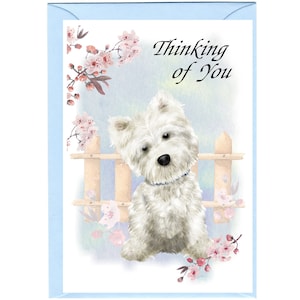 West Highland White Terrier / Westie Dog "Thinking of You" Card (6" x 4") met envelop - blanco binnenin voor uw eigen bericht.