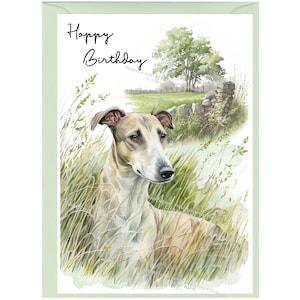 Carte « Joyeux anniversaire » Chien lévrier (6 x 4 po.) avec enveloppe - Vierge à l'intérieur pour votre propre message. Parfait pour tous les amoureux des chiens.