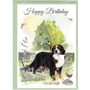 Karte „Happy Birthday“ mit Berner Sennenhund (15,2 x 10,2 cm) mit Umschlag – innen unbeschriftet für Ihre eigene Nachricht. Perfekt für jeden Hundeliebhaber.