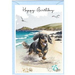 "Dackel Langhaar Hund ""Happy Birthday"" Karte mit Umschlag - Leer für Ihre persönliche Nachricht." Erhältlich in 2 Größen - A6 und A5
