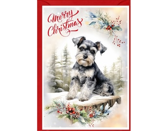 Può includere: Un biglietto di Natale con un cane schnauzer miniatura nero e grigio seduto su un ceppo d'albero in una foresta innevata. Il biglietto ha il testo "Merry Christmas" in lettere corsive rosse.