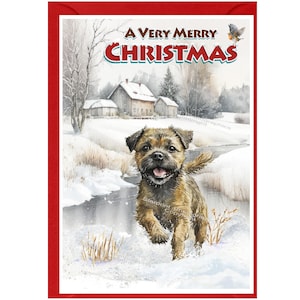 Tarjeta navideña con diseño de perro Border Terrier (15 x 10 cm). Interior en blanco y sobre incluido. Artículo perfecto para cualquier amante de los perros.