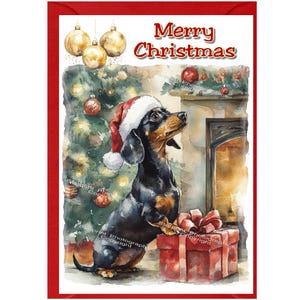 Dackel Weihnachtskarte (15 x 10 cm) Blanko - mit Umschlag.  Perfekter Artikel für jeden Hundeliebhaber