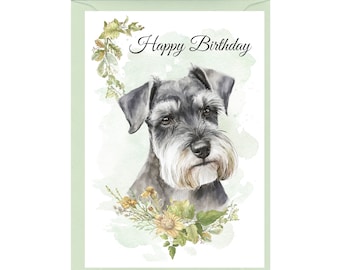 Miniature Schnauzer Dog "Happy Birthday" Card (6" x 4") with Envelope - Blank inside for your own message. Perfect for any dog lover