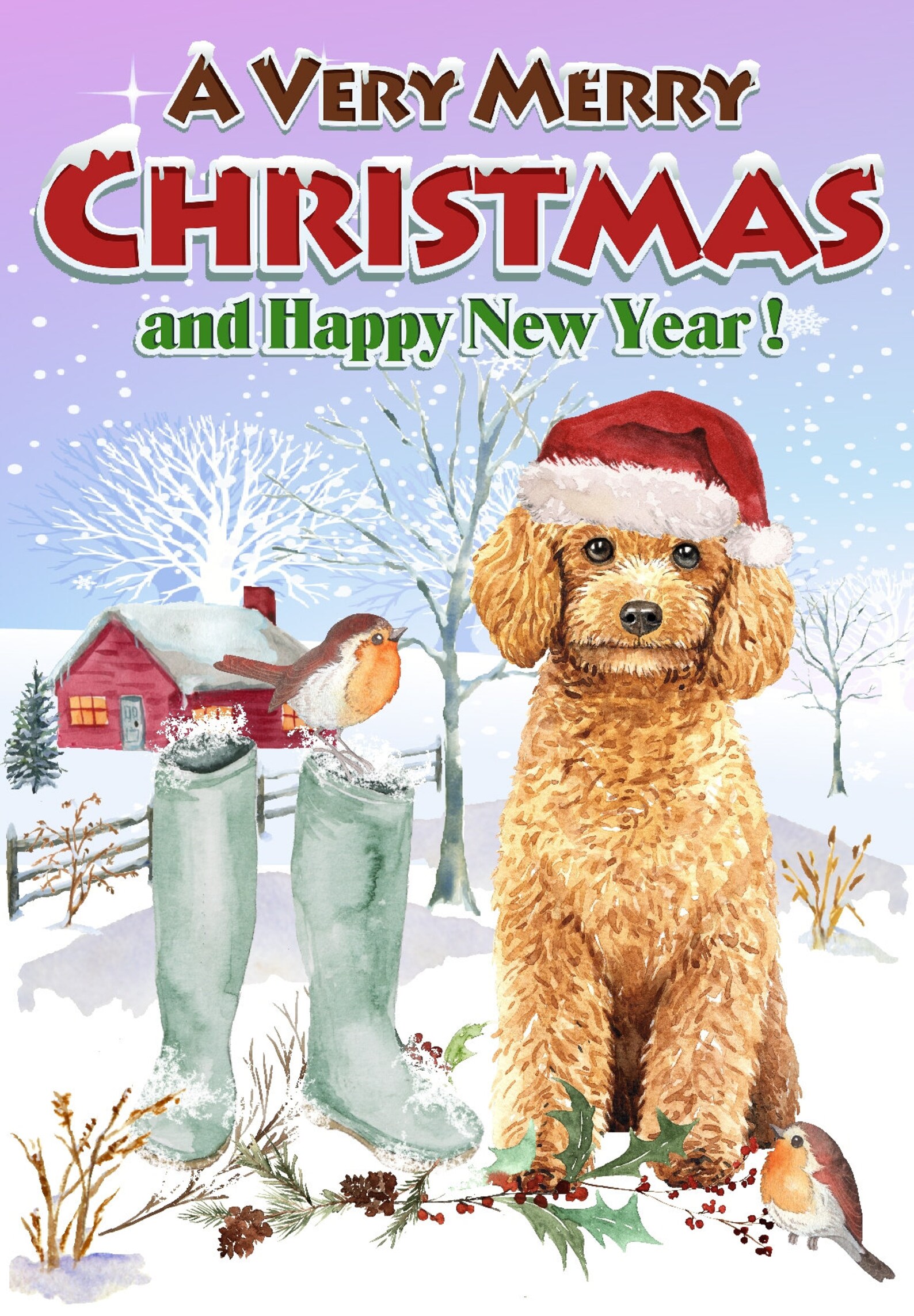 Apricot Poodle Dog Christmas Card (6" X 4") Blank Inside - With ...