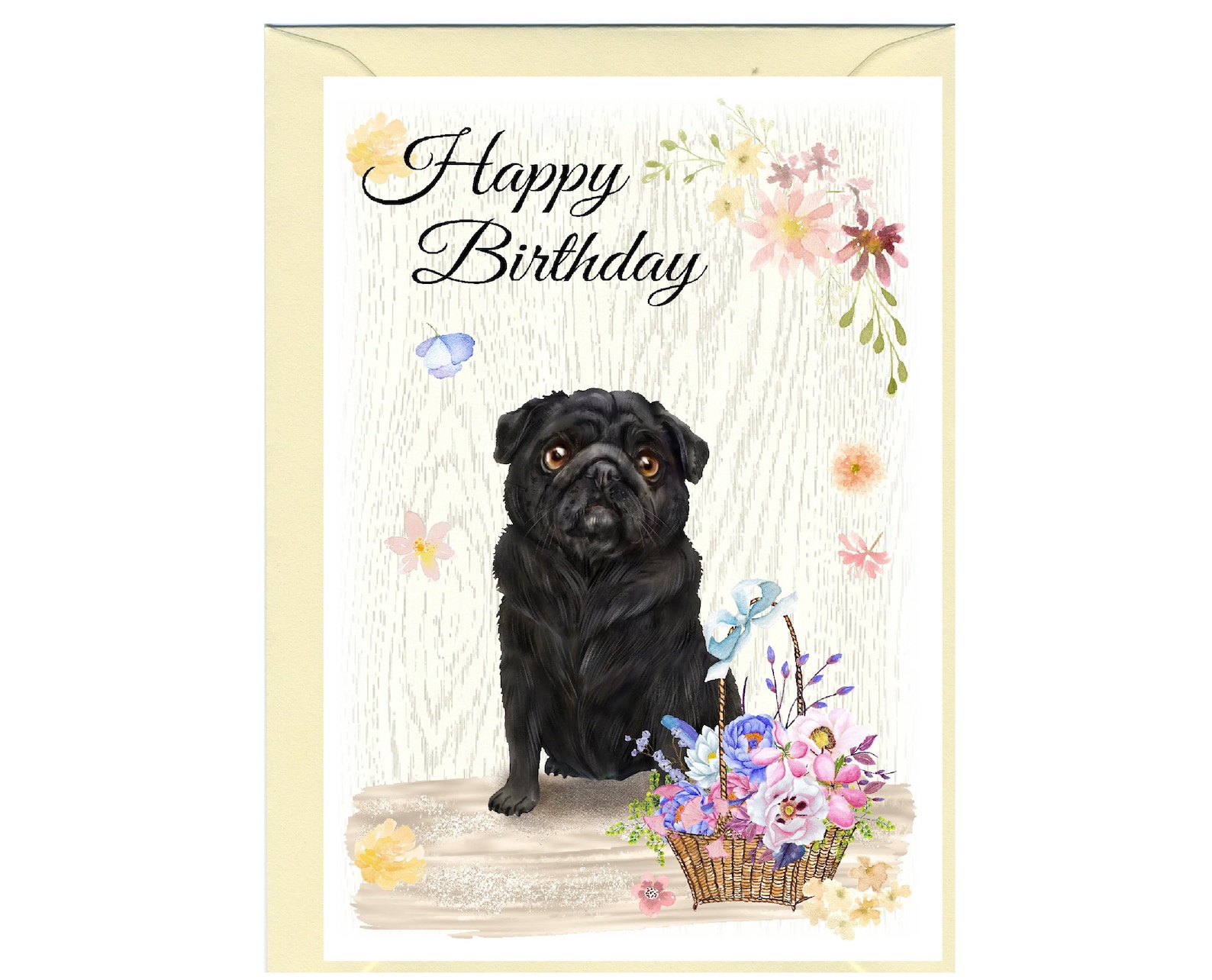 Pug (black) Dog "happy Birthday" Card (6" X 4") With Envelope - Blank ...