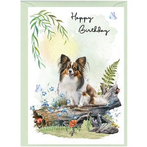 Papillon (vlinder) hond "Happy Birthday"-kaart (6 x 4") met envelop. Blanco binnenkant voor je eigen bericht. Perfect voor elke hondenliefhebber