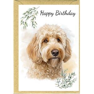 Carte « Joyeux anniversaire » Labradoodle / Golden Doodle Dog (6 x 4 po.) avec enveloppe. Blanc à l'intérieur pour votre propre message. Parfait pour tous les amoureux des chiens