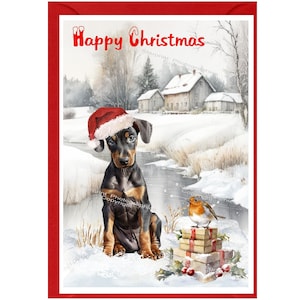 Dobermann-Weihnachtskarte, 15 x 10 cm, innen leer - mit Umschlag. Perfekter Artikel für jeden Hundeliebhaber
