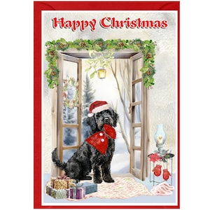 Tarjeta navideña con labradoodle o perro doodle (6" x 4") Interior en blanco, con sobre. Artículo perfecto para cualquier amante de los perros