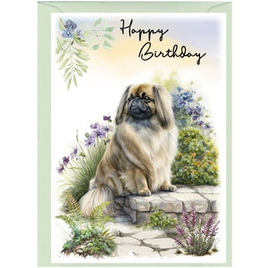 Tarjeta de feliz cumpleaños para pequinés o perro peke (15 x 10 cm) con sobre. Interior en blanco para escribir tu propio mensaje. Perfecta para cualquier amante de los perros