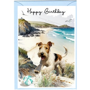 Carte « Joyeux anniversaire » pour chien Fox terrier métallique (6 x 4 po.) avec enveloppe. Blanc à l'intérieur pour votre propre message. Parfait pour tous les amoureux des chiens
