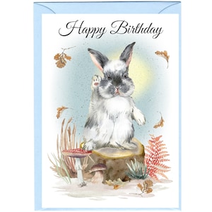 Rabbit "Happy Birthday" Card (6" x 4") with Envelope - Blank inside for your own message. Perfect for any animal lover
