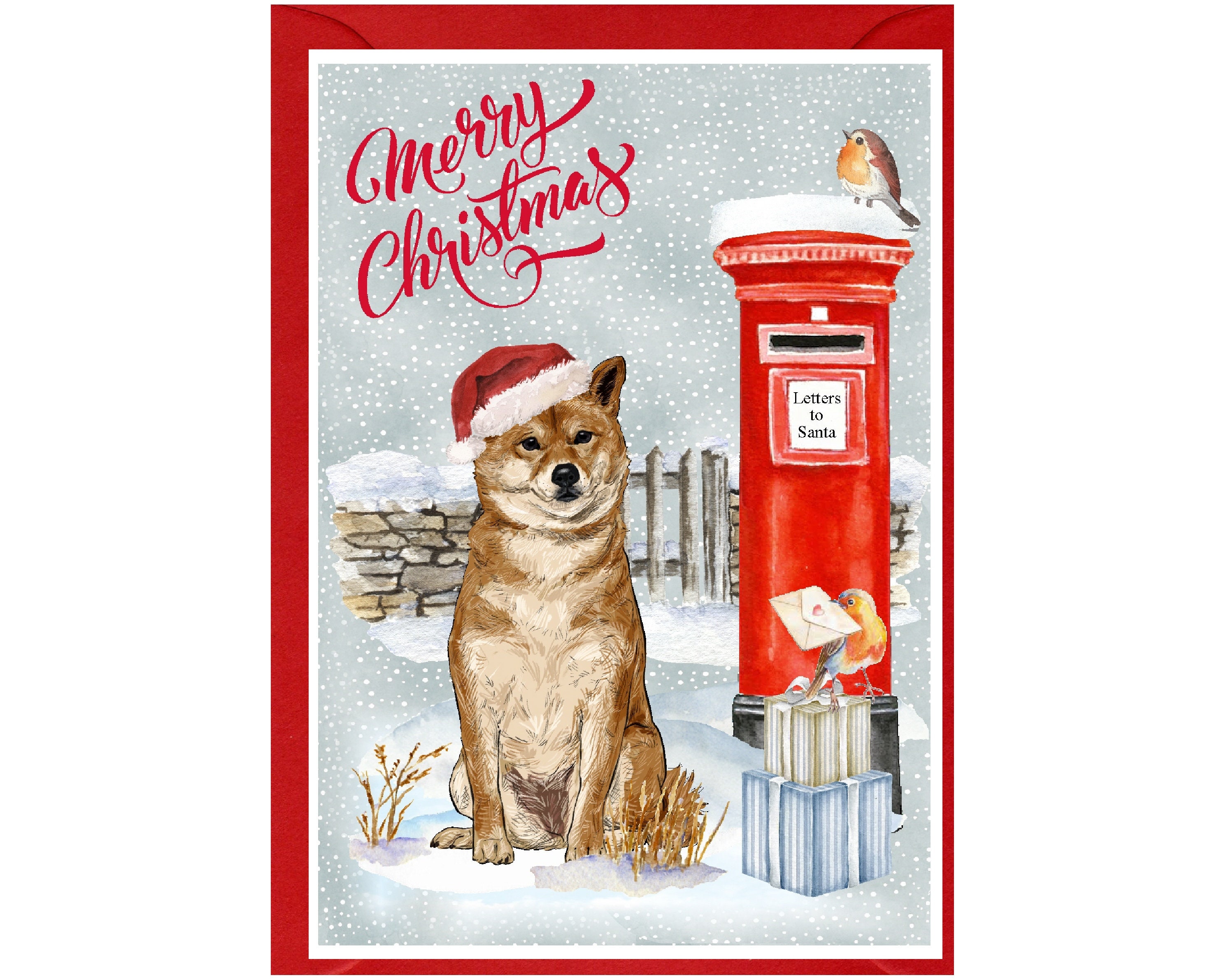 柴犬クリスマスカード（6インチ×4インチ）内側は白紙、封筒付き。犬