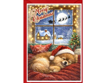 Carte de Noël chien de Poméranie (6 x 4 po.) vierge à l'intérieur - avec enveloppe.  Article parfait pour tous les amoureux des chiens