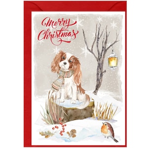 Cartão de Natal do cão Cavalier King Charles Spaniel (cor de Blenheim) (6" x 4") Interior em branco - com envelope. Item perfeito para qualquer amante de cães