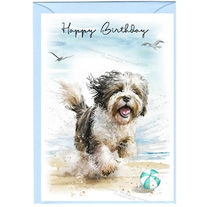Carte « Joyeux anniversaire » chien terrier tibétain (6 x 4 po.) avec enveloppe. Blanc à l'intérieur pour votre propre message. Parfait pour tous les amoureux des chiens