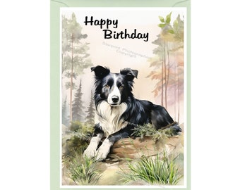 Könnte beinhalten: Glückwunschkarte zum Geburtstag mit einem schwarz-weißen Border Collie, der auf einem Baumstamm in einem Wald liegt. Die Karte ist im Aquarellstil gehalten und der Text "Happy Birthday" ist in Schwarz geschrieben.