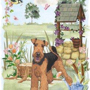 Airedale Terrier Blankokarte / Notelet (6 "x 4") mit Umschlag - Wishing Well Design.  Perfekter Artikel für jeden Hundeliebhaber
