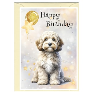 Carte « Joyeux anniversaire » Doodle / Maltipoo / Cockapoo Dog (6 x 4 po.) avec enveloppe - Vierge à l'intérieur pour votre propre message.