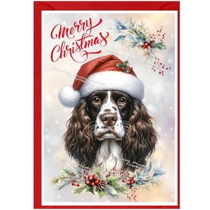 Engelse springerspaniëlhond kerstkaart (6" x 4") blanco binnenkant - met envelop.  Perfect item voor elke hondenliefhebber