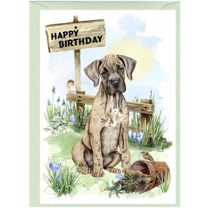 Carte « Joyeux anniversaire » chien dogue allemand (6 x 4 po.) avec enveloppe. Blanc à l'intérieur pour votre propre message. Parfait pour tous les amoureux des chiens