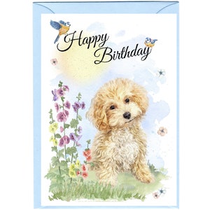 Tarjeta "Feliz cumpleaños" de perro Maltipoo/raza mixta (6" x 4") con sobre - Interior en blanco para su propio mensaje. Perfecto para cualquier amante de los perros.