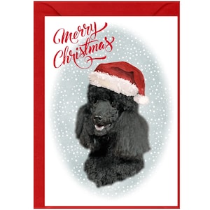 Tarjeta navideña con un perro caniche negro (15 x 10 cm). Interior en blanco y sobre. Artículo perfecto para cualquier amante de los perros.