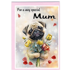 Tarjeta/nota en blanco de perro Pug para MAMÁ (6" x 4") con sobre: ideal para el Día de la Madre, cumpleaños, etc.