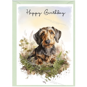 Carte « Joyeux anniversaire » pour chien à poil métallique teckel (6 x 4 po.) avec enveloppe - Vierge à l'intérieur pour votre propre message. Parfait pour tous les amoureux des chiens.