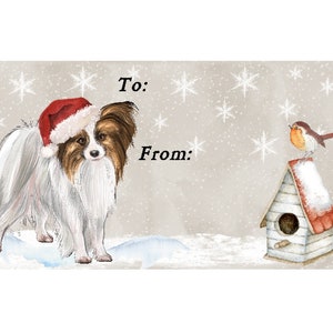 Papillon (vlinder) hond kerstcadeaulabels, verwijderbaar zelfklevend, 2 vellen van 21 labels, 42 labels in totaal