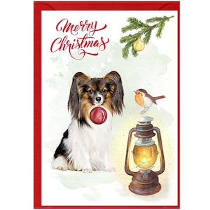Papillon Butterfly Dog kerstkaart (6" x 4") blanco binnenkant - met envelop. Perfect item voor elke hondenliefhebber