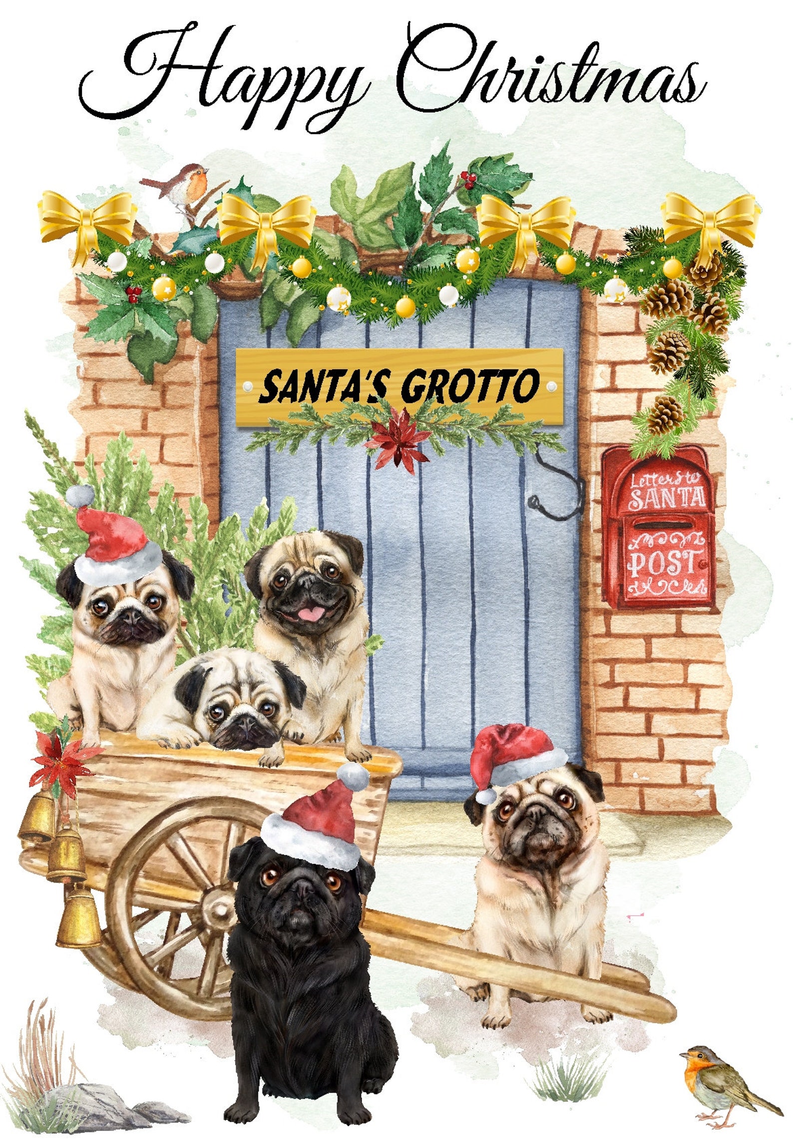 Pug Dog Christmas Card (6" X 4") Blank Inside - With Envelope. Perfect ...