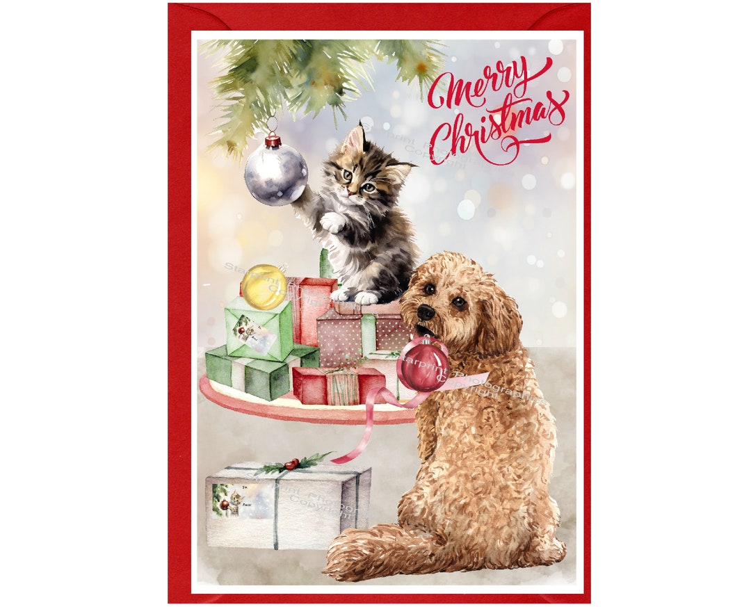 Cockapoo / Doodle Dog With Kitten Christmas Card (6" X 4") Blank Inside ...