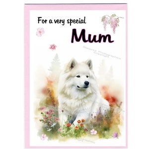 Tarjeta/nota en blanco de perro samoyedo para mamá (6 x 4 pulg.) con sobre, ideal para el Día de la Madre, cumpleaños, etc.