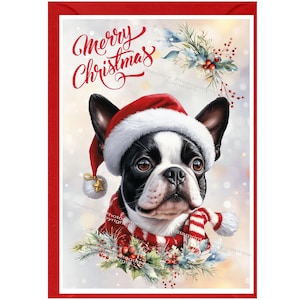 Cartão de Natal Boston Terrier (6" x 4") Em branco por dentro - com envelope. Item perfeito para qualquer amante de cães