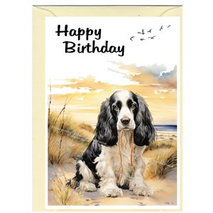 Cocker Spaniel (zwart-wit) hond "Happy Birthday" kaart (6" x 4") met envelop - blanco binnenin voor uw eigen bericht.