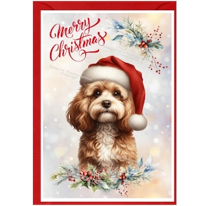 Tarjeta navideña con diseño de perro Doodle/Cavapoo/Cockapoo (15,24 x 10,16 cm). Interior en blanco y con sobre. Artículo perfecto para cualquier amante de los perros.