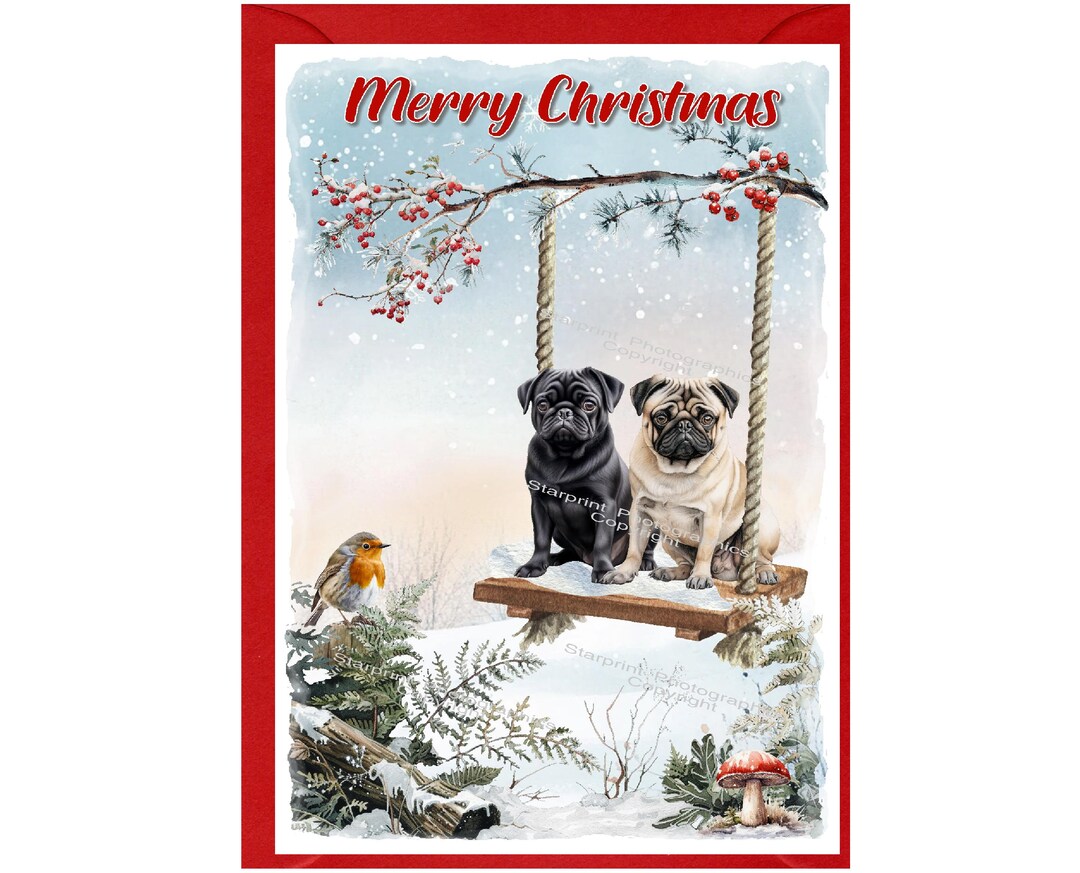 Pugs (fawn & Black) Dog Christmas Card (6" X 4") Blank Inside - With ...