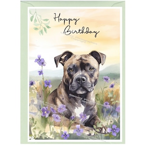 Cartão de "feliz aniversario" do cão Staffordshire bull terrier (6" x 4") com envelope - interior vazio para sua própria mensagem. Perfeito para qualquer amante de cães