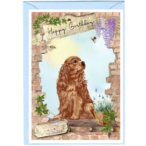 Cavalier King Charles Spaniel Hund „Happy Birthday“-Karte (15,2 x 10,2 cm) mit Umschlag – innen leer für Ihre eigene Nachricht.