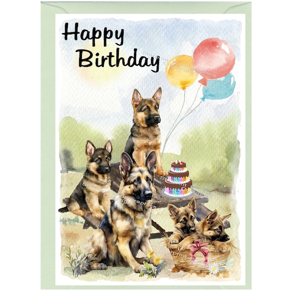 German Shepherd Dog "Happy Birthday" Card (6" x 4") with Envelope - Blank inside for your own message. Perfect for any dog lover