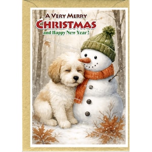 May include: A Christmas card with a watercolour illustration of a snowman in a green hat and orange scarf, and a fluffy dog. The card reads "A Very Merry Christmas and Happy New Year!" in red and green text.