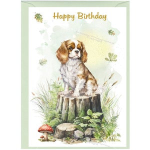 Tarjeta "Feliz cumpleaños" para perro Cavalier King Charles Spaniel (6" x 4") con sobre - Interior en blanco para su propio mensaje.