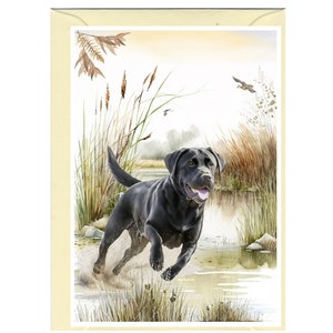 Biglietto d'auguri/notelet personalizzato per cane Labrador Retriever nero (6" x 4") con busta. Se si preferisce, può essere lasciato vuoto