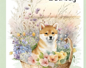 柴犬の「ハッピーバースデー」カード（6インチ×4インチ）と封筒付き