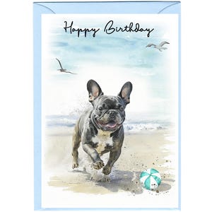 Franse Bulldog-kaart "Happy Birthday" met envelop - blanco binnenkant voor je eigen bericht. Verkrijgbaar in 2 formaten: A6 en A5
