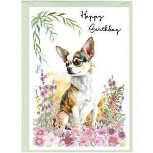 Biglietto "Happy Birthday" cane Chihuahua (6"x 4") con busta. Vuoto all'interno per il tuo messaggio. Perfetto per ogni amante dei cani