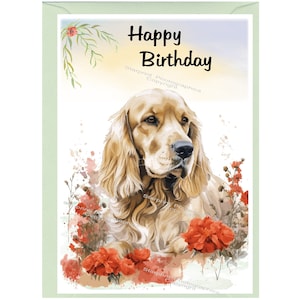 Biglietto "Happy Birthday" Cocker Spaniel Gold Dog (6" x 4") con busta - Interno vuoto per il tuo messaggio. Perfetto per ogni amante dei cani.